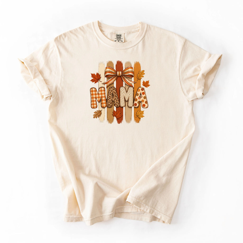 Ivory Comfort Colors long sleeve tee with MAMA fall leaves bow patterned letters in buffalo plaid, leopard, and polka dot with brushstroke background