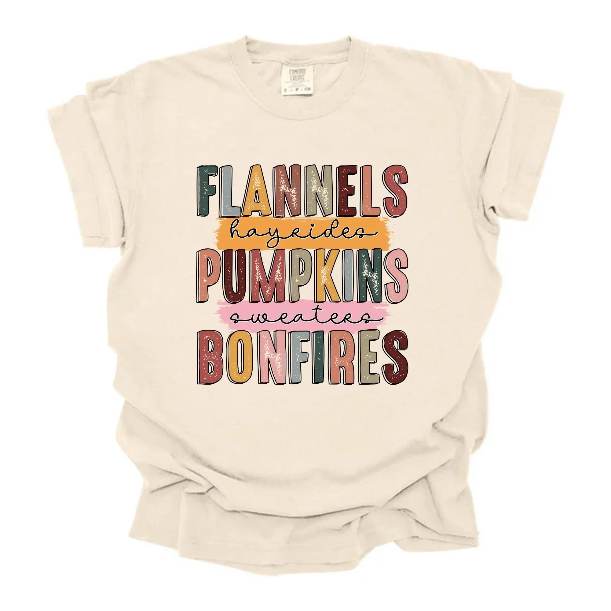 Flannels Hayrides Pumpkins Sweaters Bonfires Graphic Tee | Fall Stacked Typography Shirt