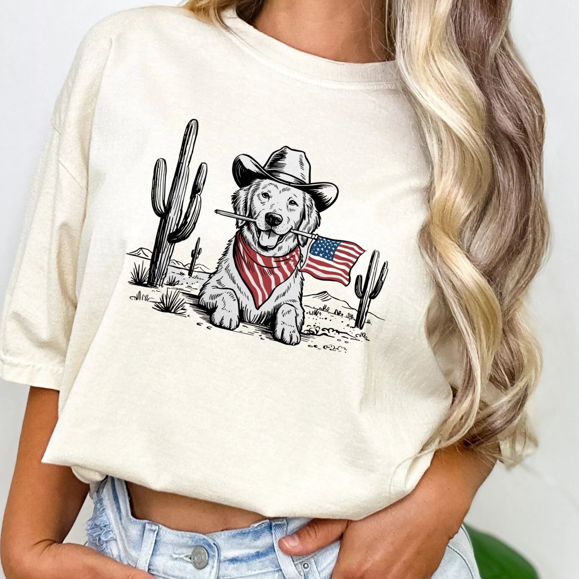 Cowboy Golden Retriever USA Flag T-Shirt