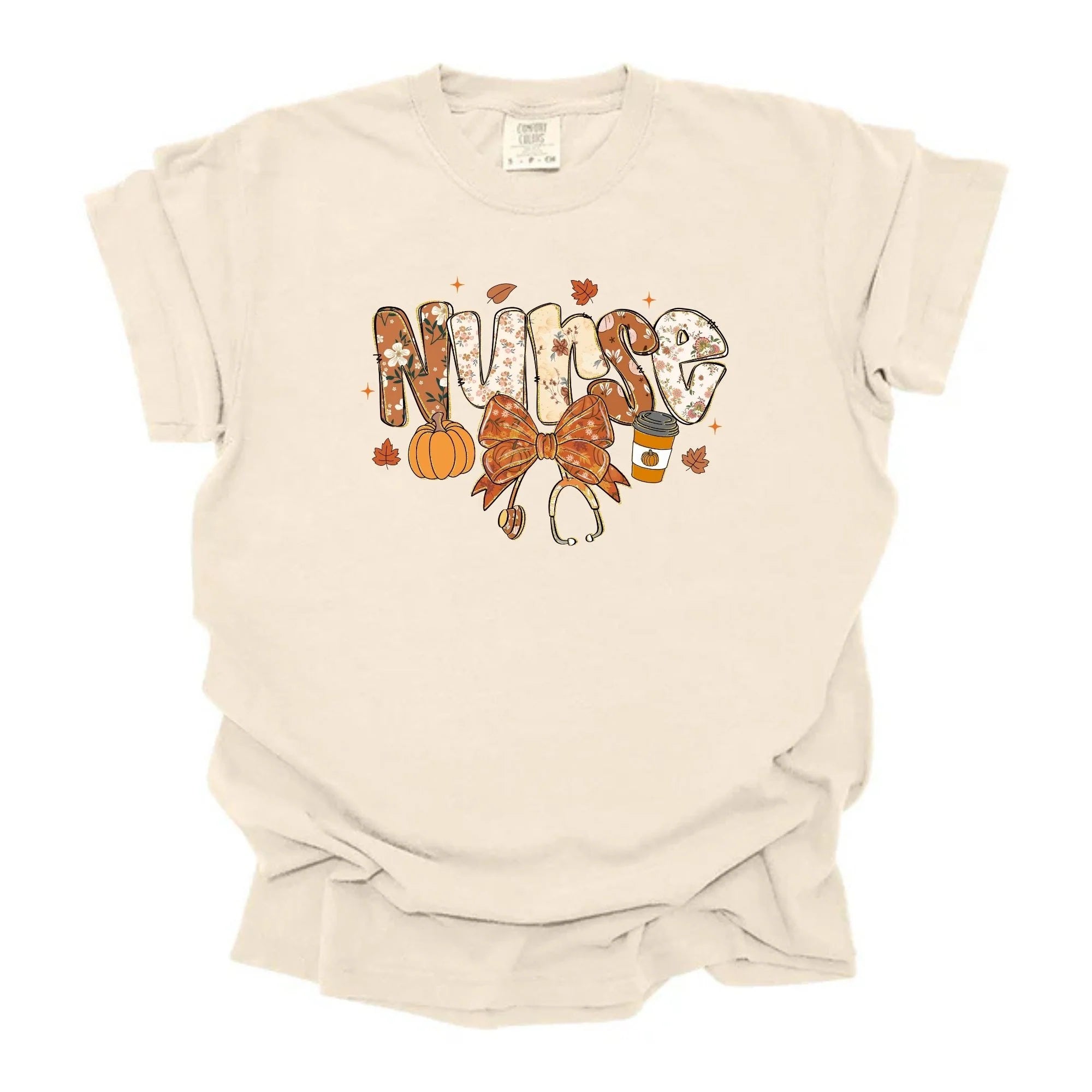 Fall Floral Nurse Pumpkin Bow Stethoscope Graphic Tee on natural colored shirt