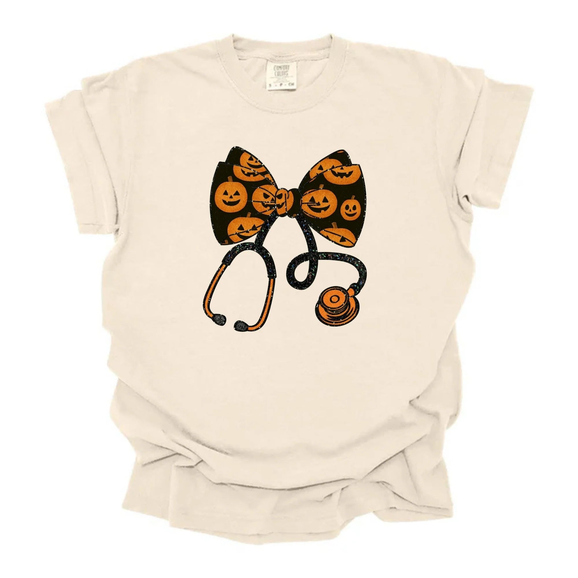 Halloween Nurse Pumpkin Bow Stethoscope Graphic Tee on natural colored shirt