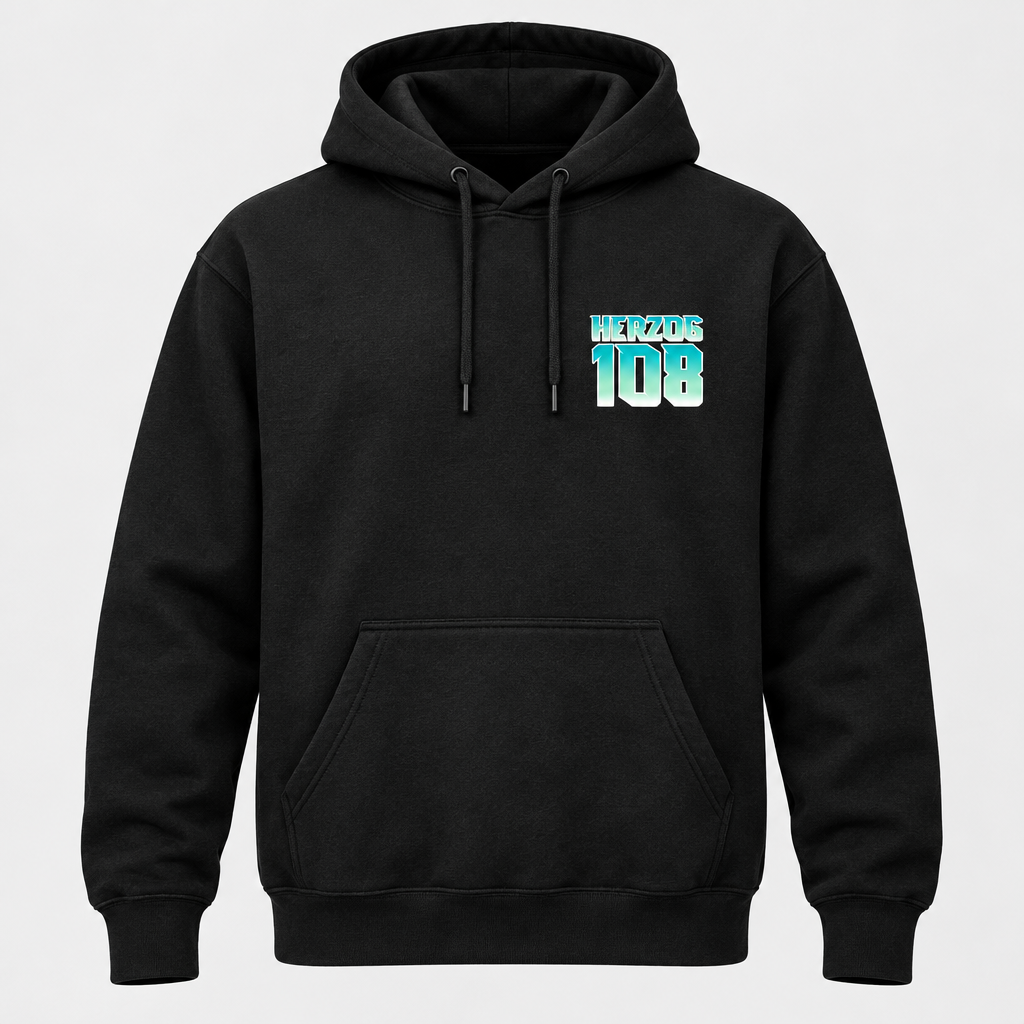 Black HERZOG 108 hoodie with front left-chest logo only