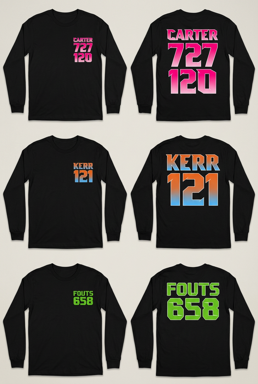 Black long-sleeve flat lays for Carter, Kerr, and Fouts