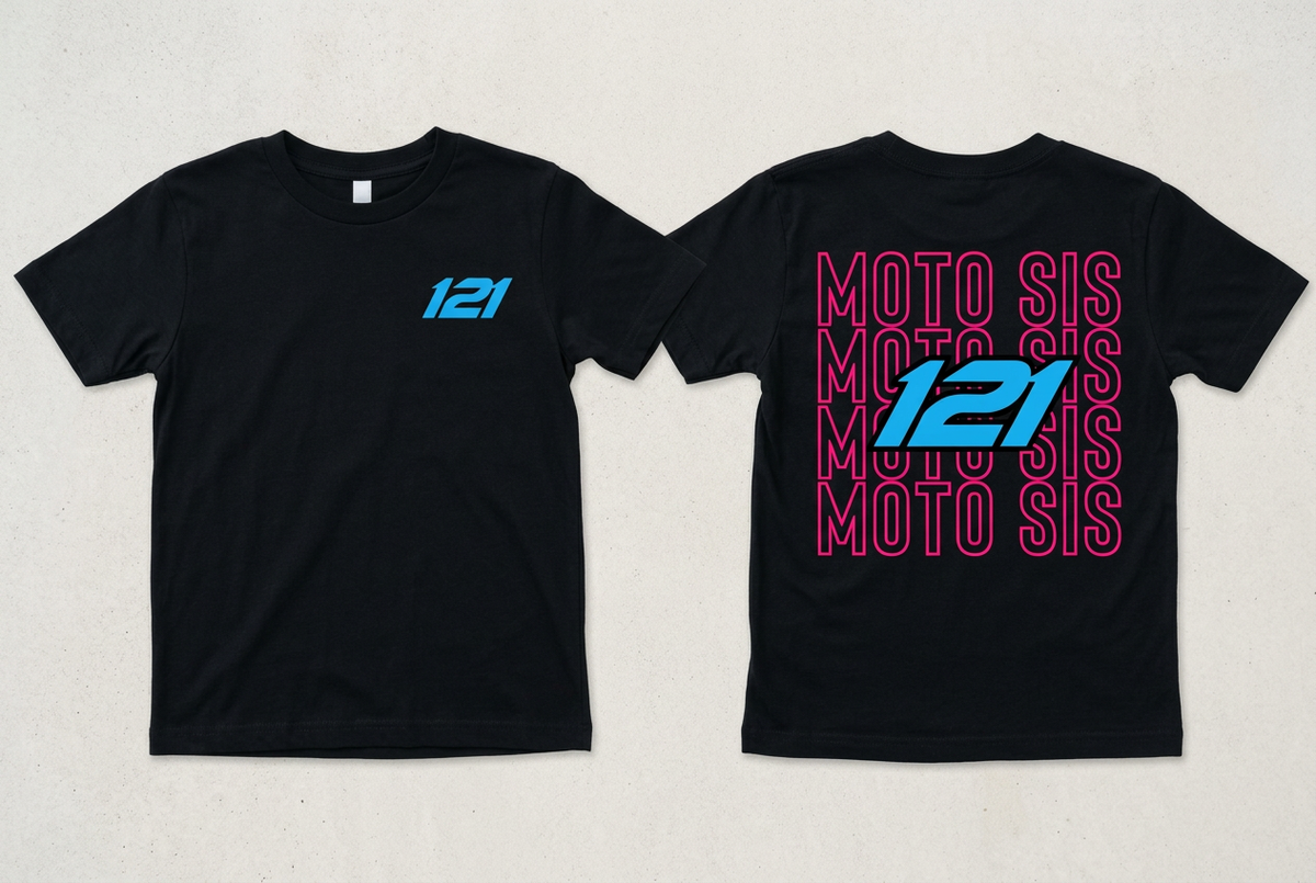 Black youth Moto Sis tee flat lay with blue 121 chest print and pink-and-blue back design