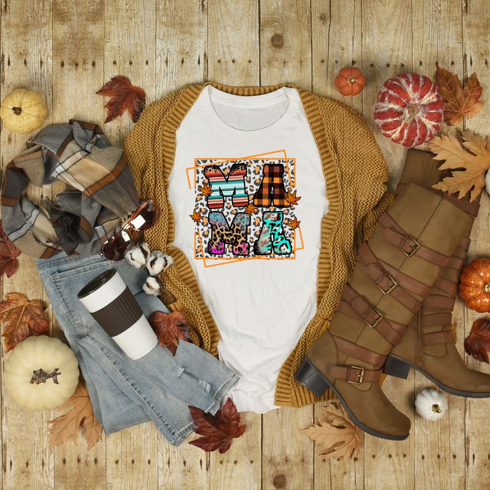 Fall Mama Graphic Tee | Serape Leopard Buffalo Plaid Patterned Letter Mom Fall Shirt
