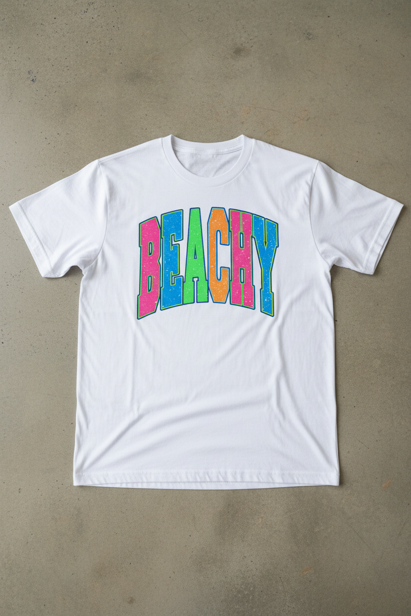Beachy neon collegiate graphic on white t-shirt flat lay