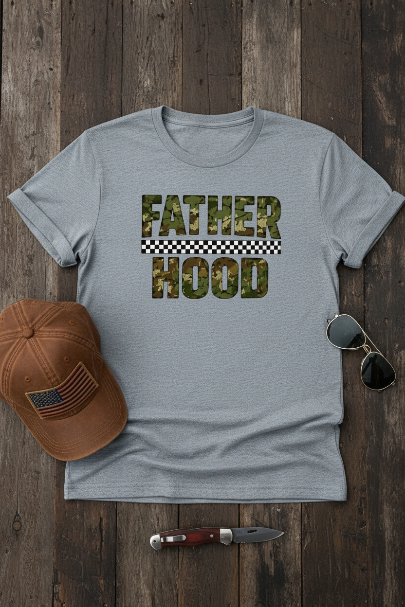 Fatherhood Camo Checkered T-Shirt styled with Father's Day props on rustic wood