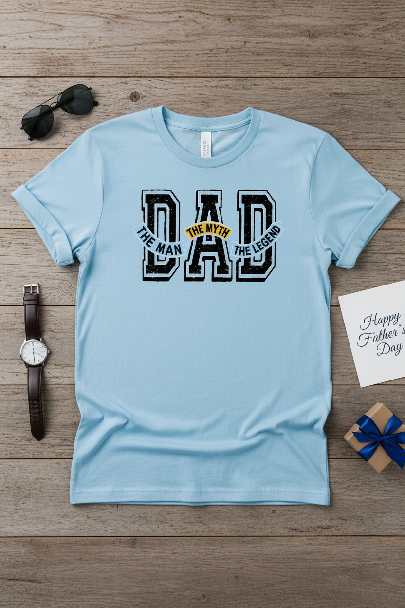 Dad The Man The Myth The Legend T-Shirt styled with Father's Day props on rustic wood