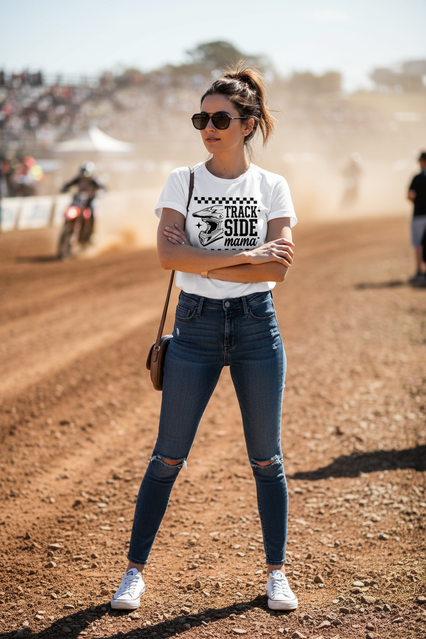 Mom wearing Trackside Mama tee standing trackside at motocross event