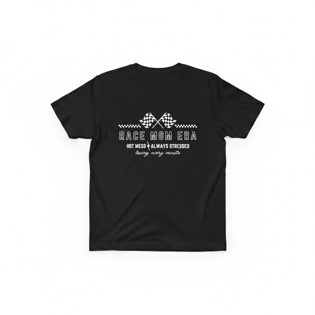 Race Mom Era graphic tee flat lay product mockup