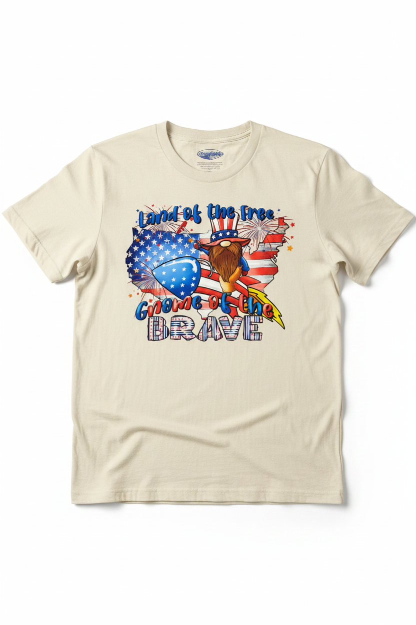 Land of the Free Gnome of the Brave T-Shirt flat lay on natural ivory tee