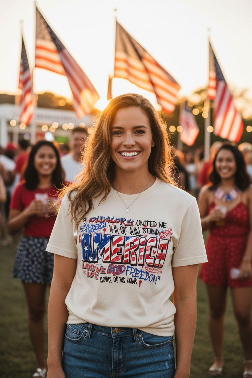Woman wearing America graffiti T-Shirt at a golden hour 4th of July celebration
