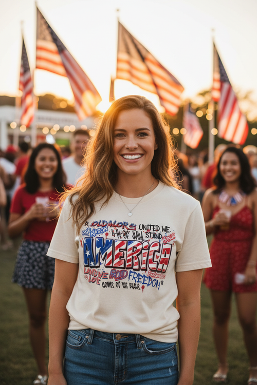 Woman wearing America graffiti T-Shirt at a golden hour 4th of July celebration