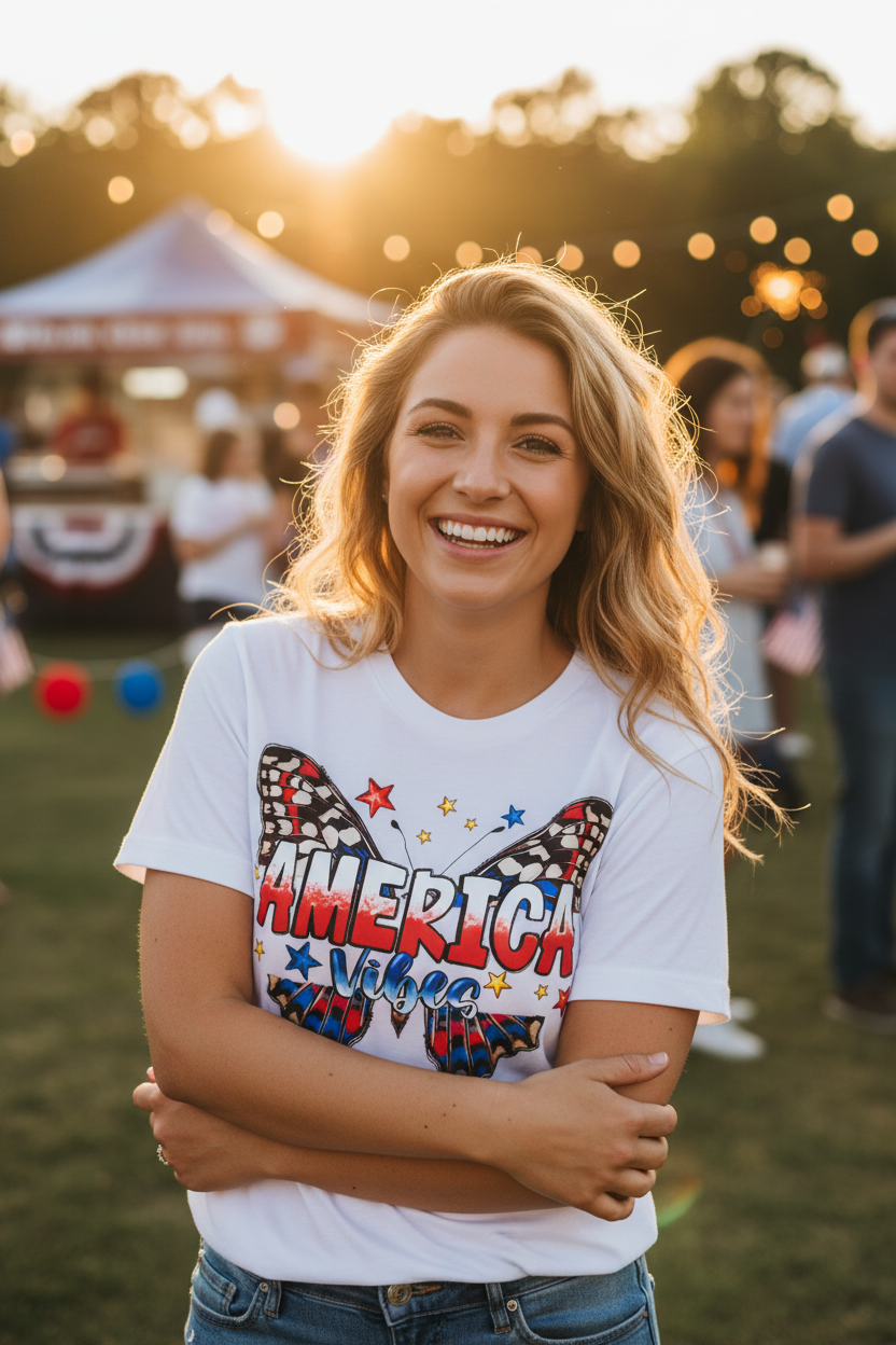 Woman wearing America Vibes T-Shirt at a sunny 4th of July celebration