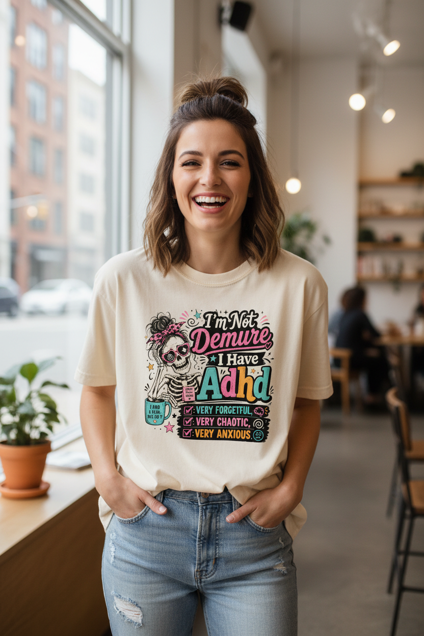 Woman wearing ivory Comfort Colors I'm Not Demure I Have ADHD tee laughing in casual setting