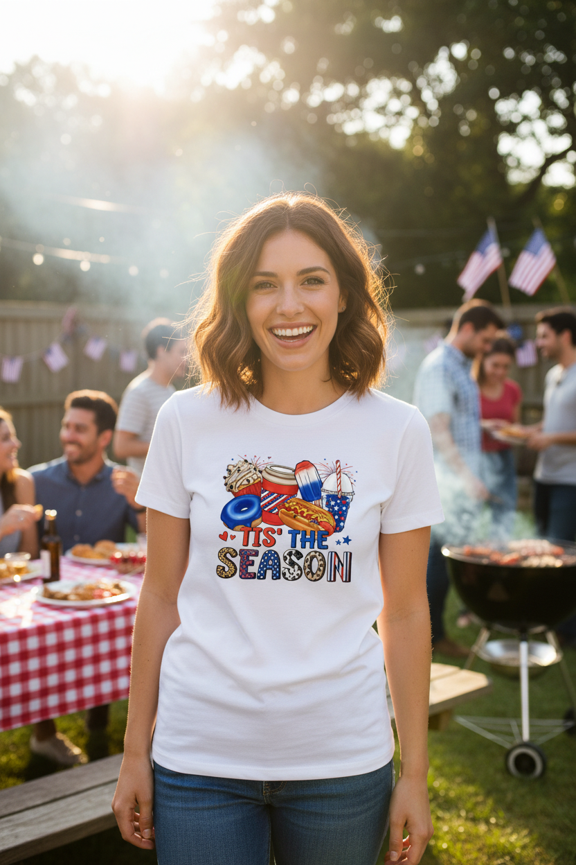 Woman wearing Tis' The Season T-Shirt at a sunny 4th of July BBQ