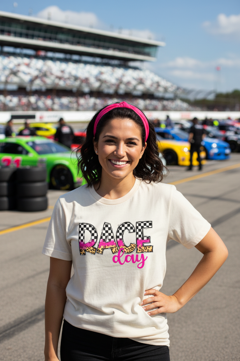 Woman at race event wearing ivory Race Day tee