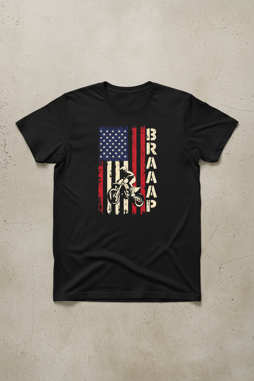 BRAAAP American flag dirt bike graphic on black t-shirt