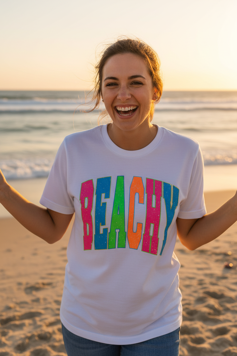Woman wearing Beachy neon collegiate tee at the beach on a sunny day