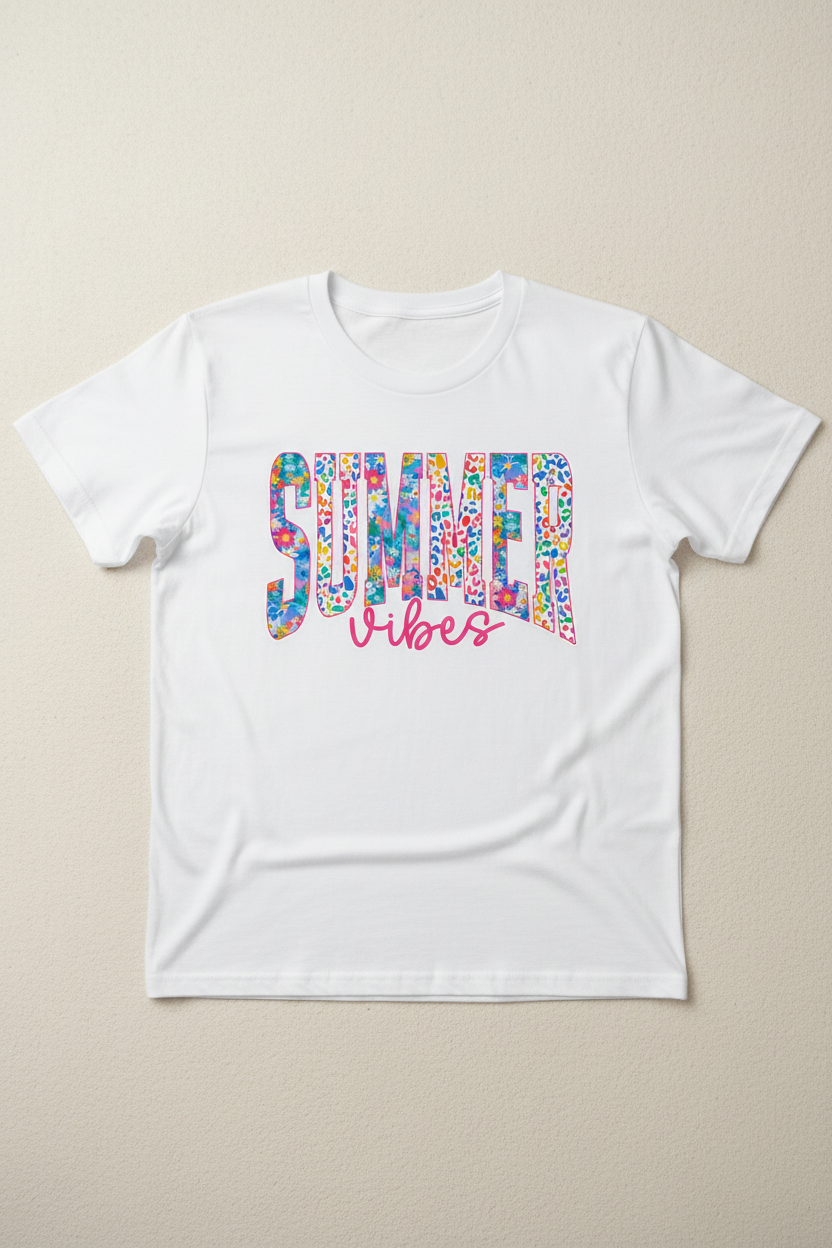Summer Vibes leopard floral graphic on white t-shirt flat lay