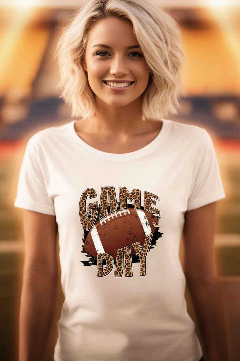 Woman smiling at stadium wearing white Game Day leopard print football graphic tee