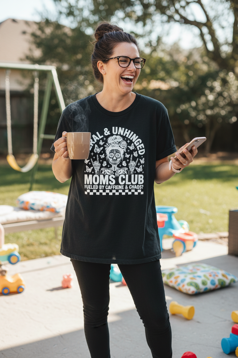 Woman wearing Feral & Unhinged Moms Club T-Shirt in black in a fun casual lifestyle photo