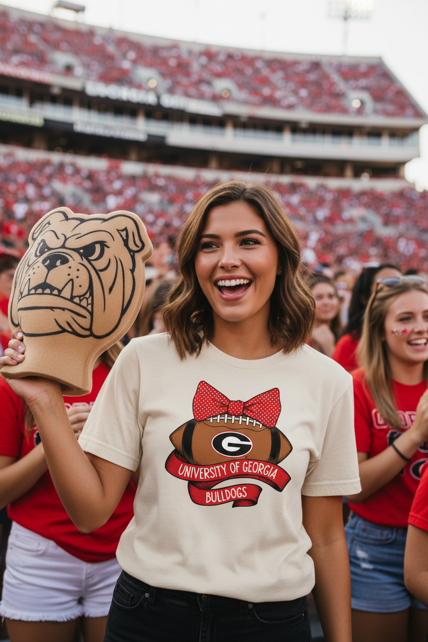 Woman at college football game wearing ivory UGA Bulldogs bow football tee