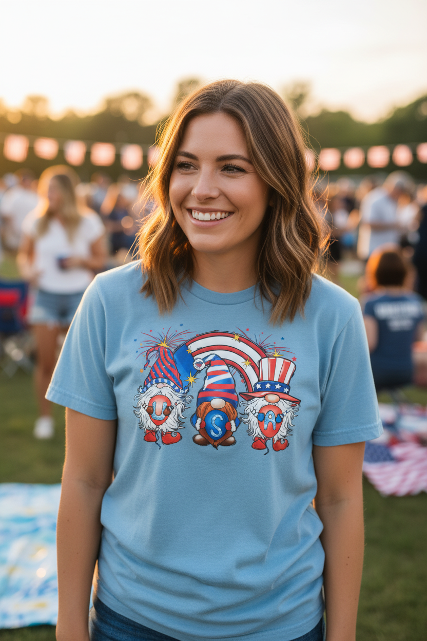 Woman wearing USA Gnome Rainbow T-Shirt in light blue at a sunny 4th of July celebration