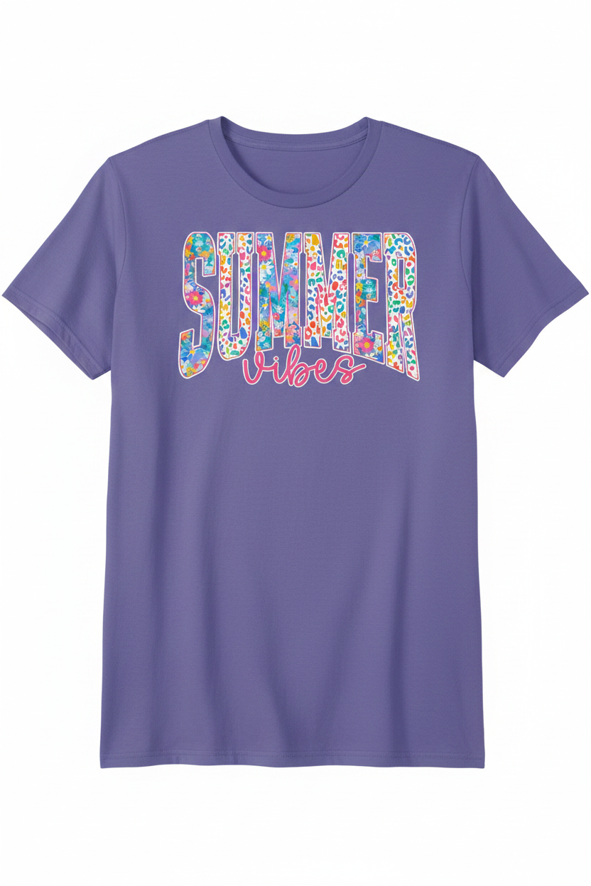 Summer Vibes leopard floral graphic on lavender t-shirt