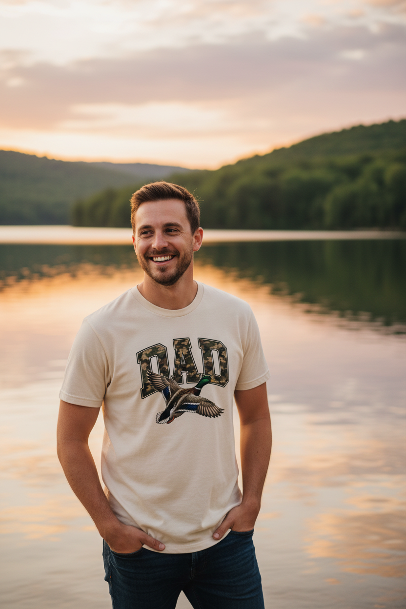 Dad wearing Camo Duck Dad T-Shirt at golden hour near a lake