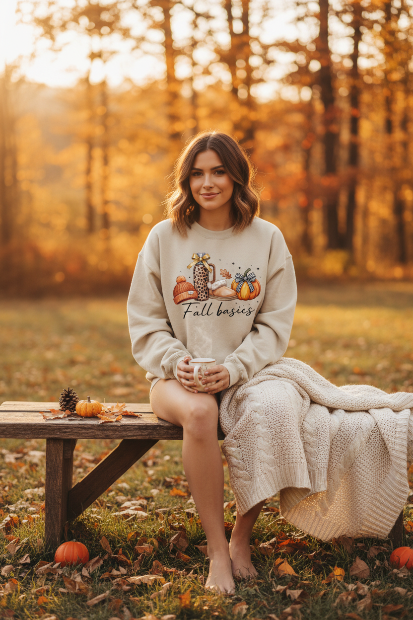 Woman wearing sand Fall Basics crewneck sweatshirt outdoors in autumn setting with warm golden light