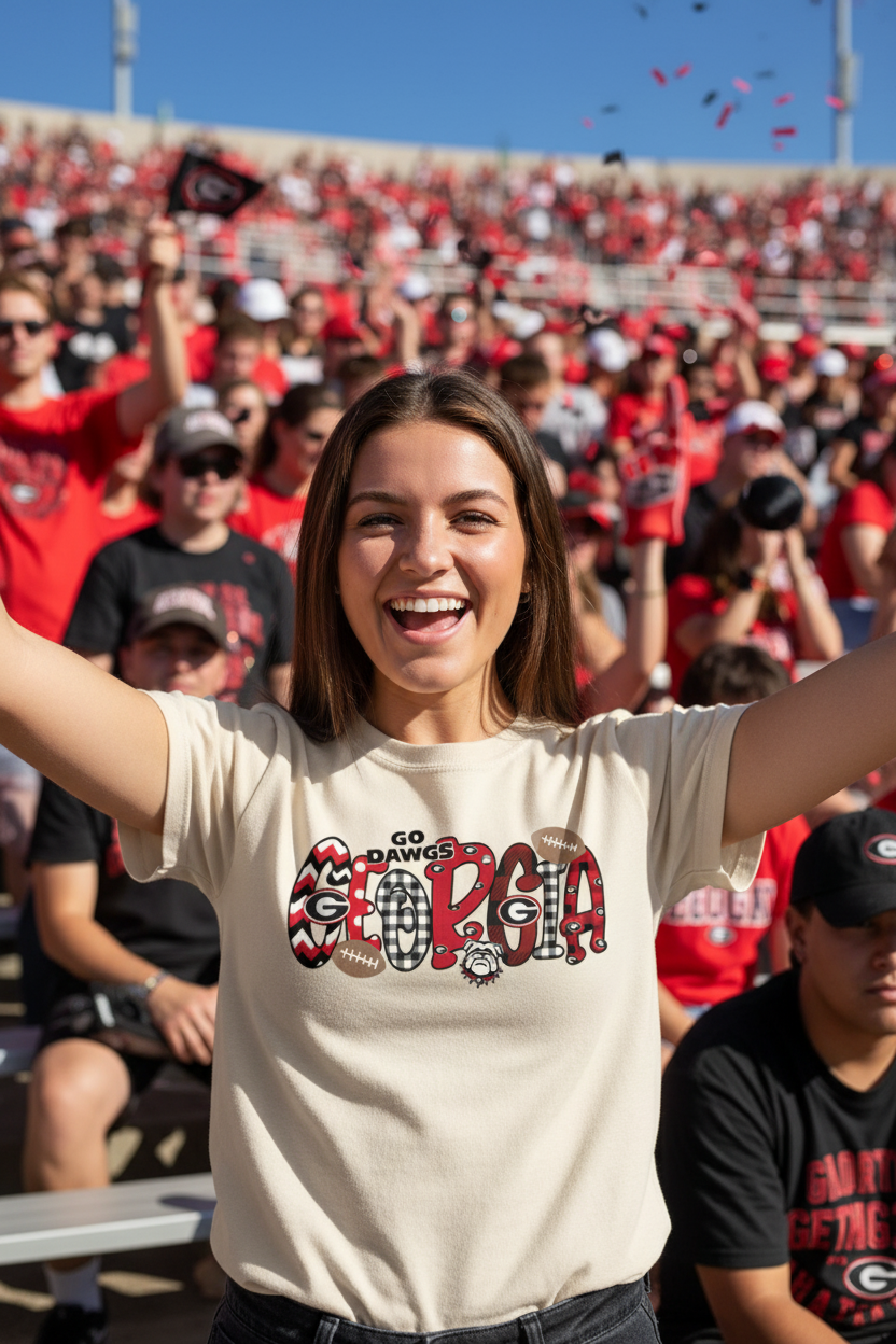 Woman at college football game wearing ivory Go Dawgs Georgia spirit tee