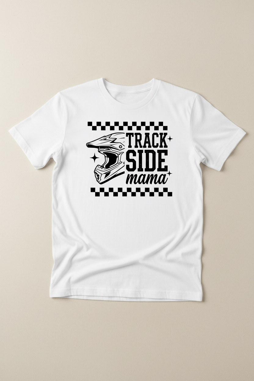 Trackside Mama motocross helmet graphic on white t-shirt