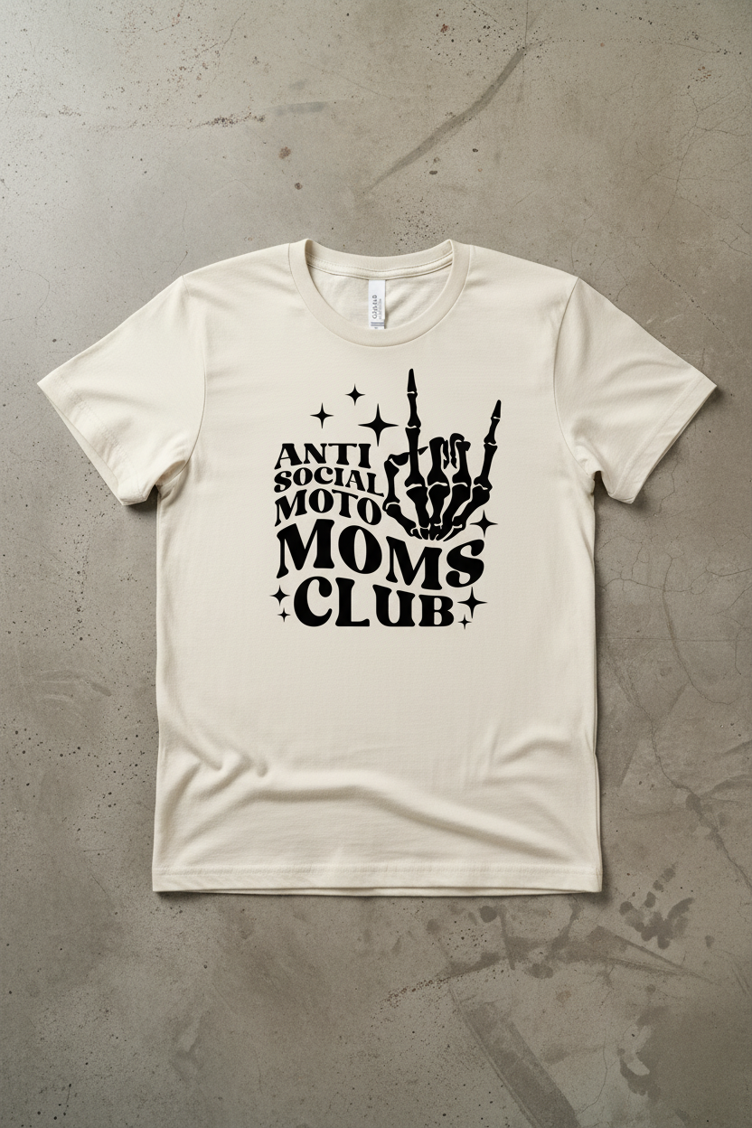 Anti Social Moto Moms Club black ink graphic on cream t-shirt
