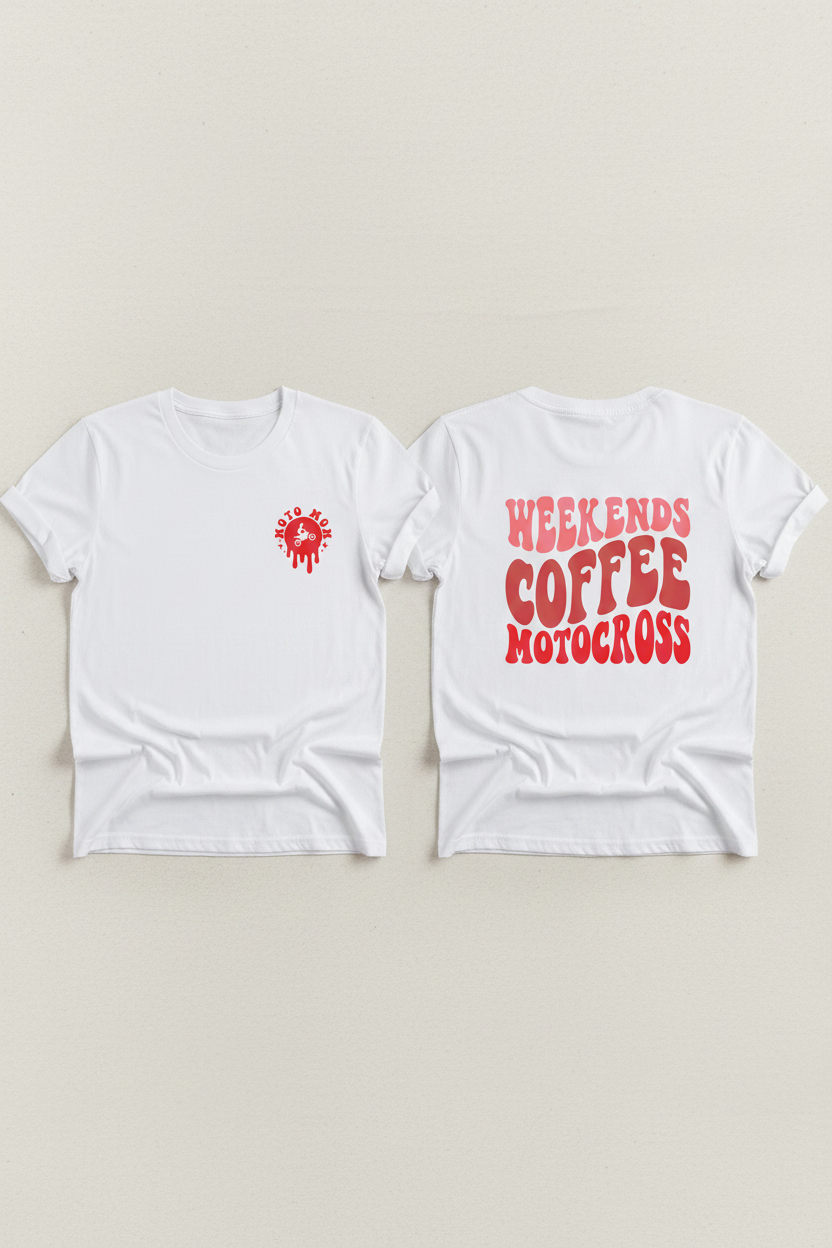 Weekends Coffee Motocross red pink front back tee mockup on white t-shirt