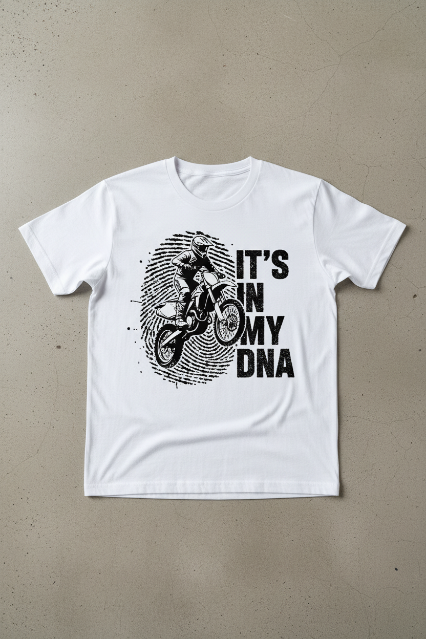 It's In My DNA motocross graphic on white t-shirt flat lay