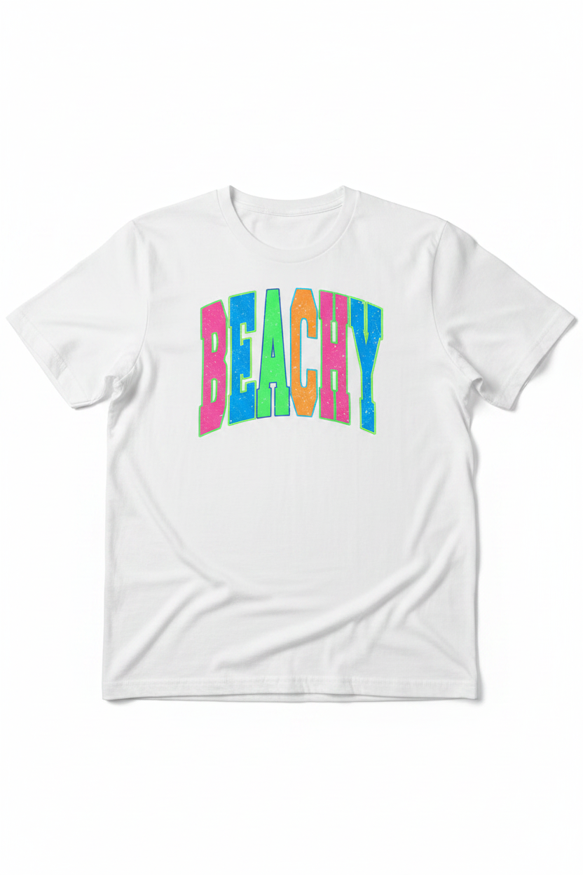 Beachy neon collegiate graphic on light blue t-shirt
