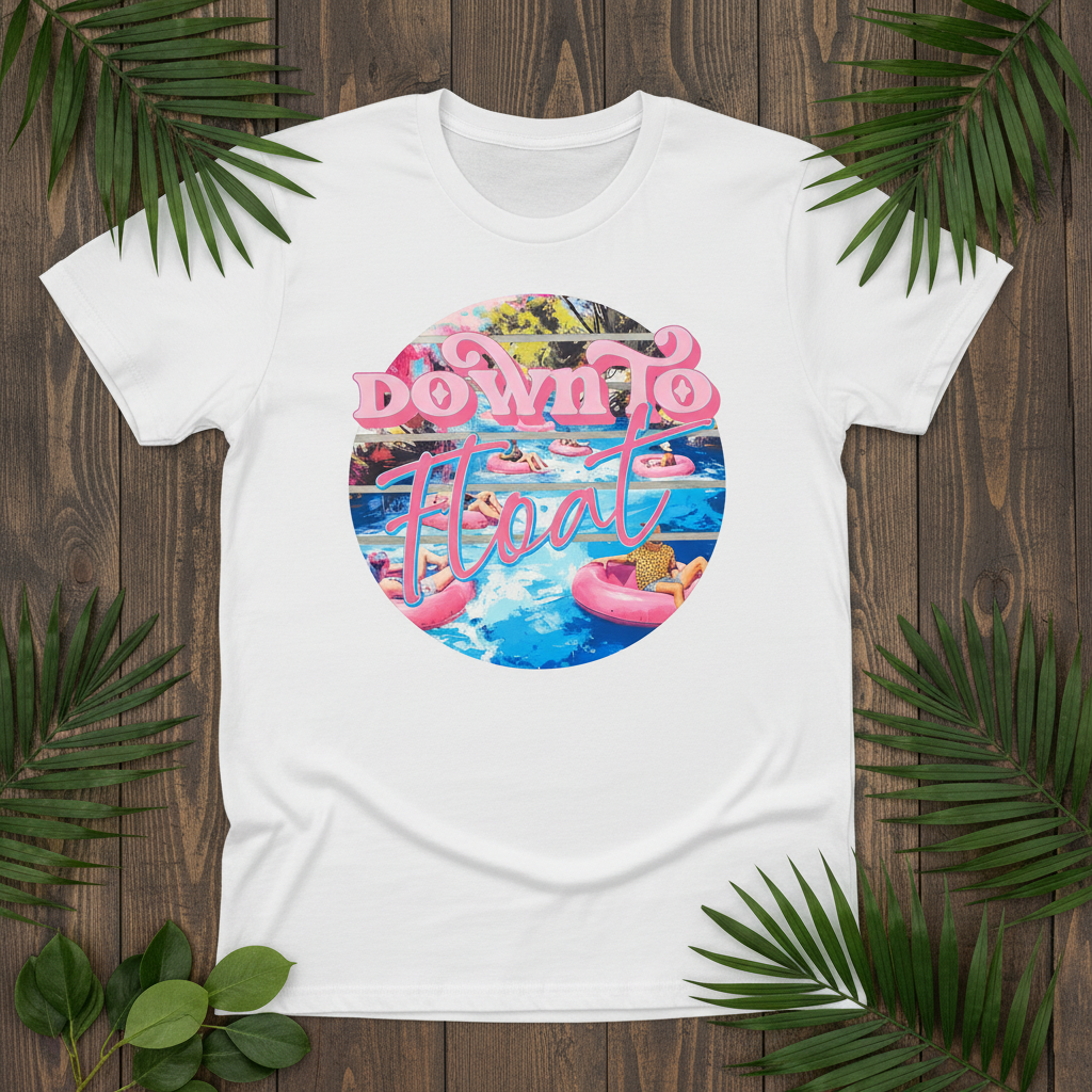 Down To Float - white tee flat lay mockup