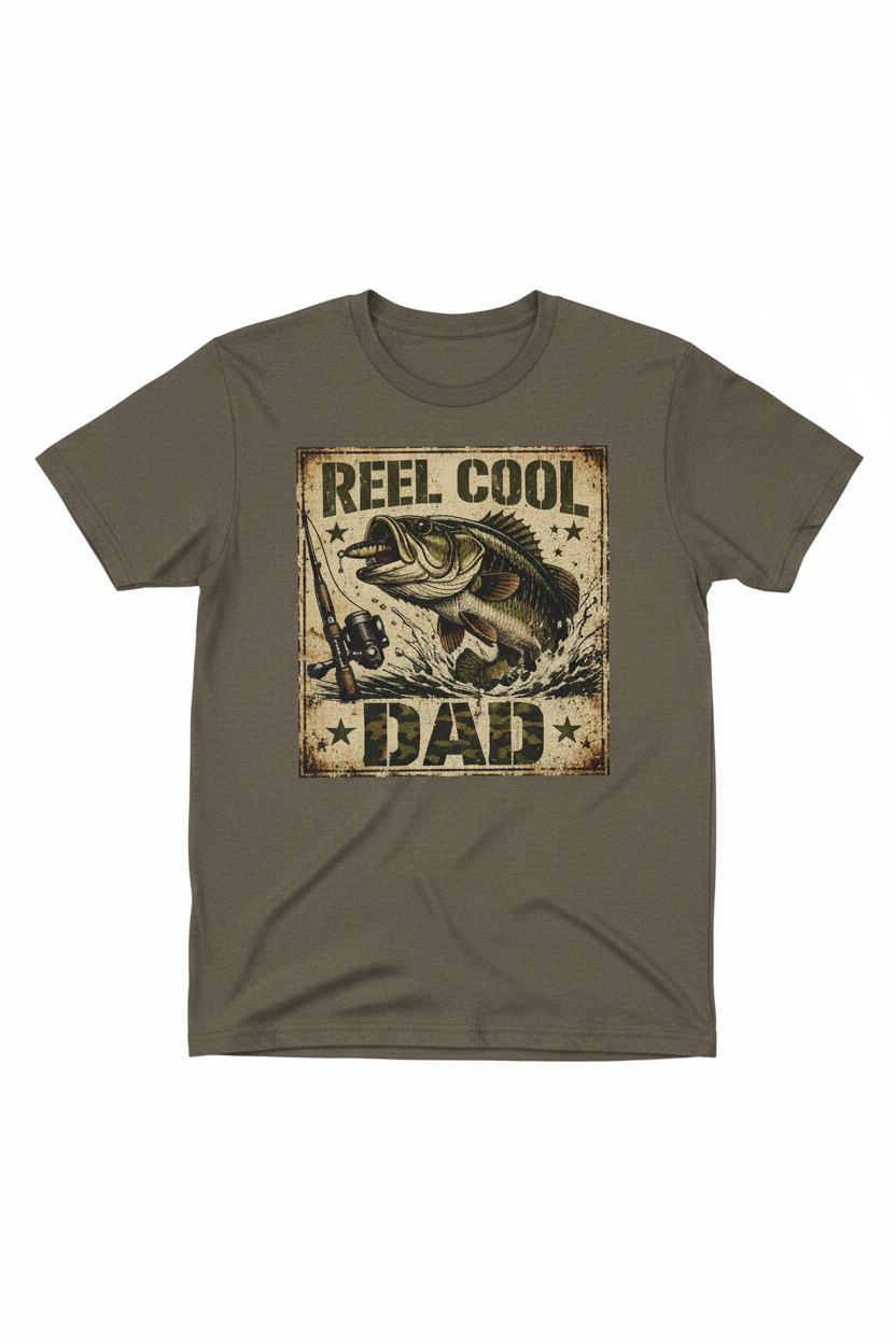Reel Cool Dad Vintage Fishing T-Shirt flat lay on white background