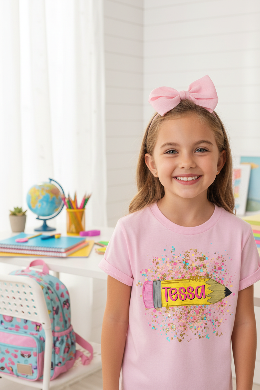Young girl wearing personalized pink pencil glitter back to school graphic tee with graphic on the front