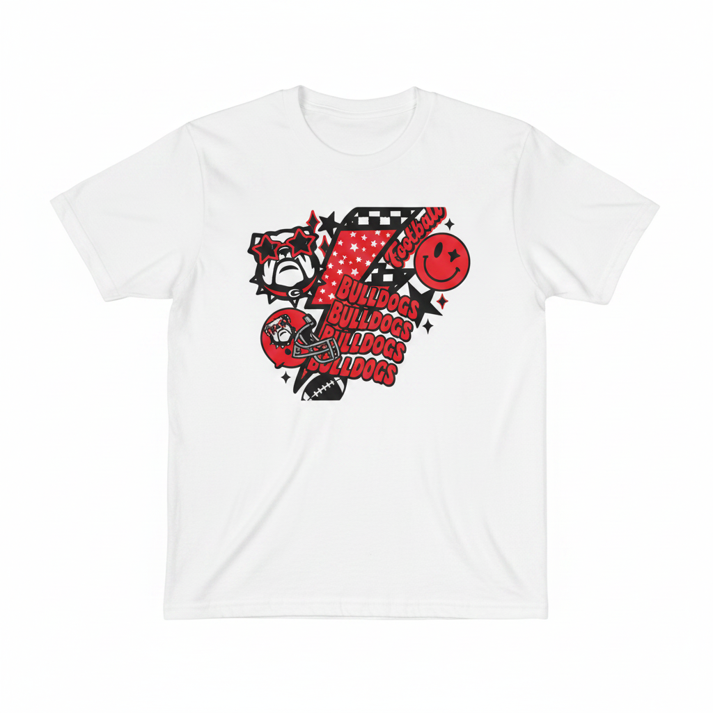 Bulldogs football collage tee flat lay on white shirt