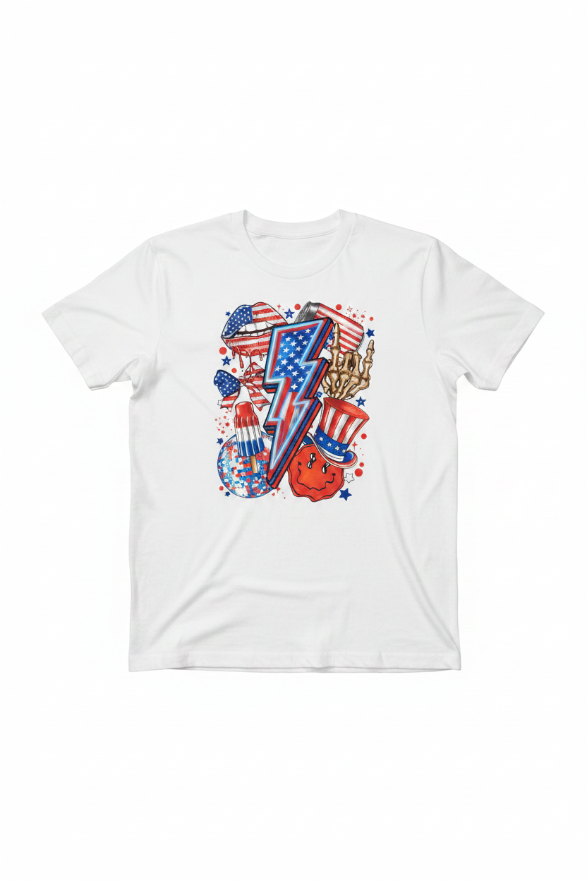 Patriotic lightning bolt maximalist 4th of July T-Shirt flat lay on white background