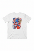 Patriotic lightning bolt maximalist 4th of July T-Shirt flat lay on white background