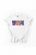 Patriotic MAMA T-Shirt flat lay on white tee showing bold patriotic bubble letter MAMA graphic