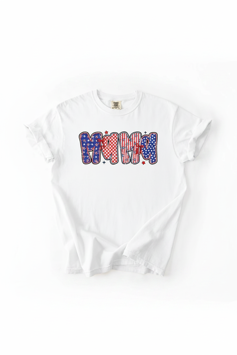 Patriotic MAMA T-Shirt flat lay on white tee showing bold patriotic bubble letter MAMA graphic