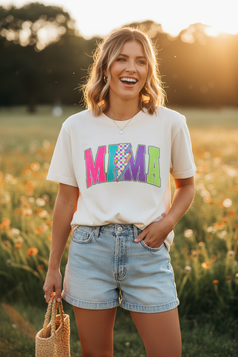 Woman wearing Neon MAMA Lightning T-Shirt in ivory in a fun outdoor lifestyle photo