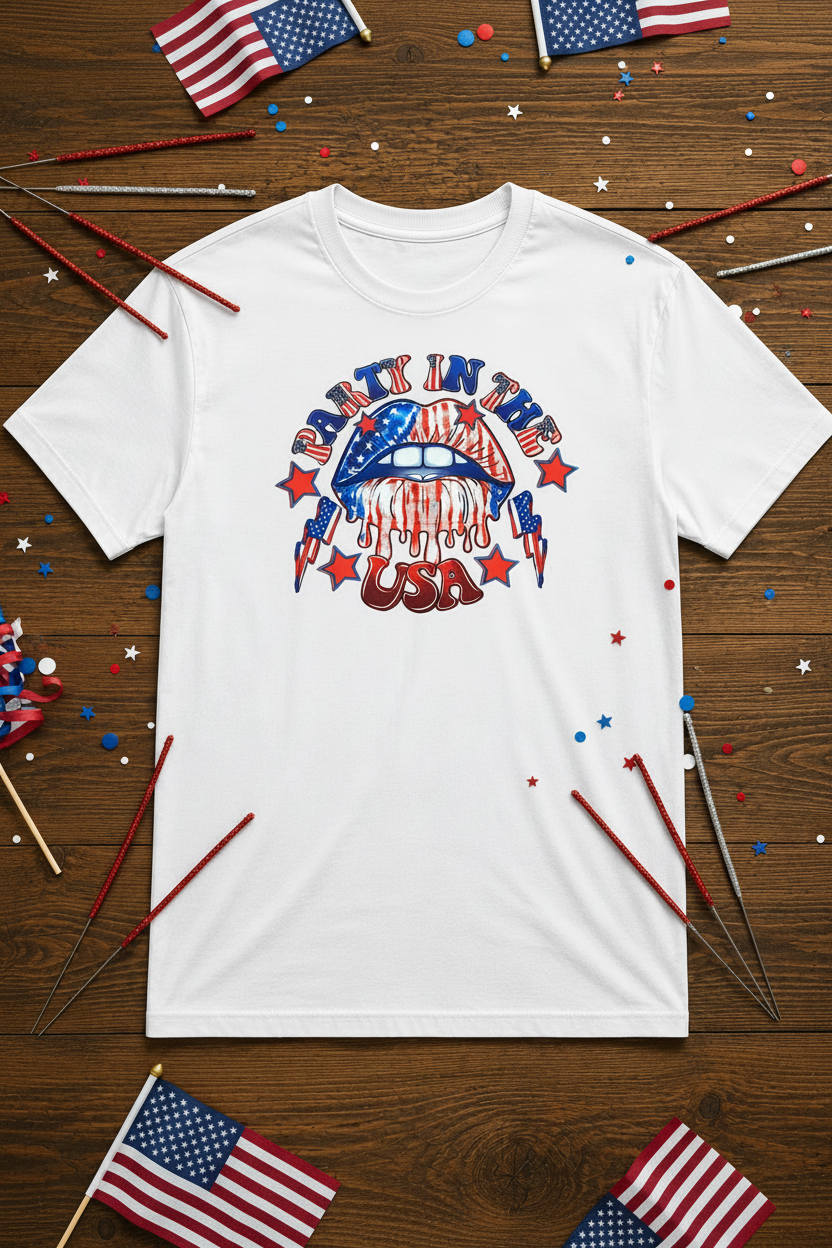 Party in the USA T-Shirt styled with sparklers, flags, and red white and blue confetti on rustic wood