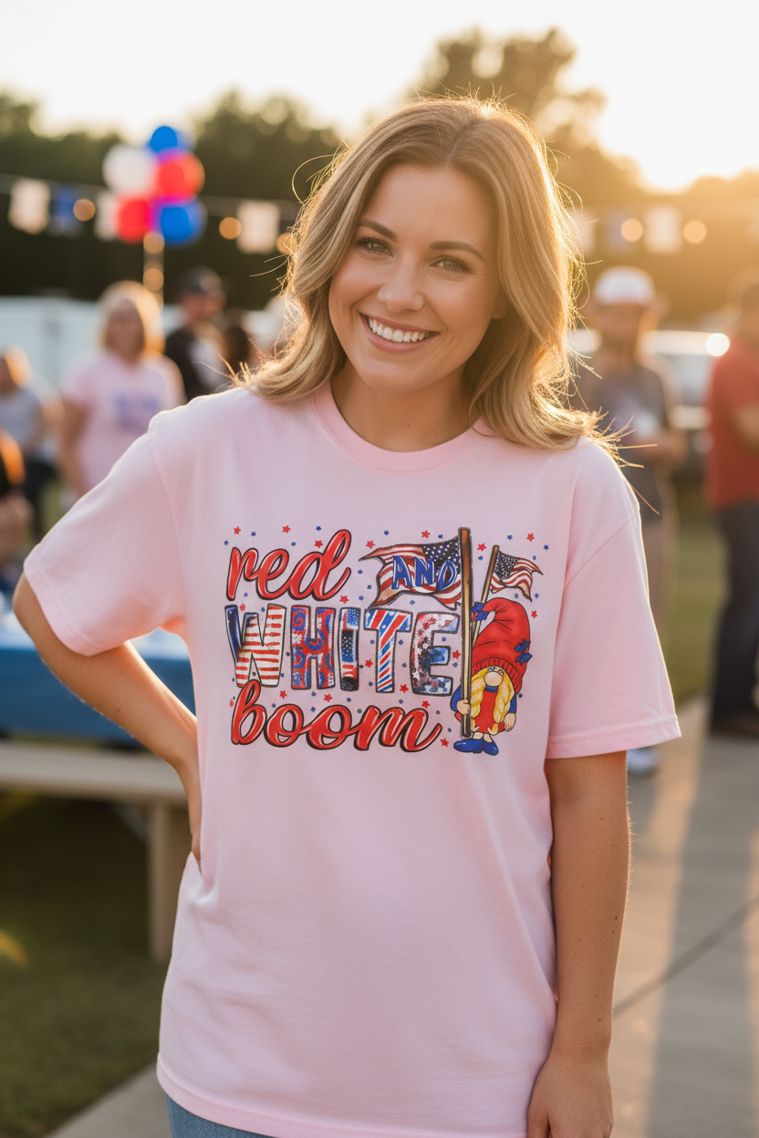 Woman wearing Red White and Boom Gnome T-Shirt in light pink at a sunny 4th of July celebration