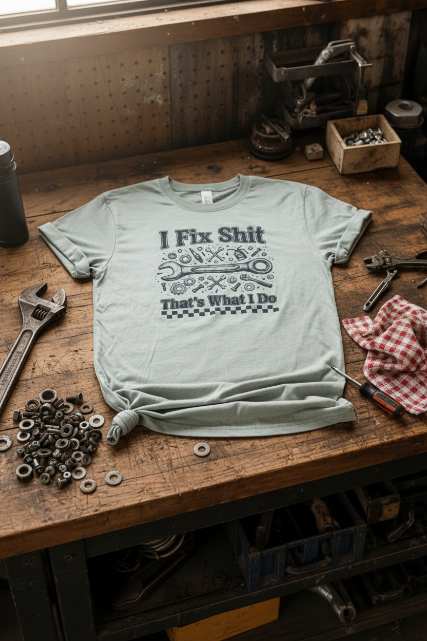 I Fix Shit T-Shirt styled with wrench, nuts and bolts on rustic workbench