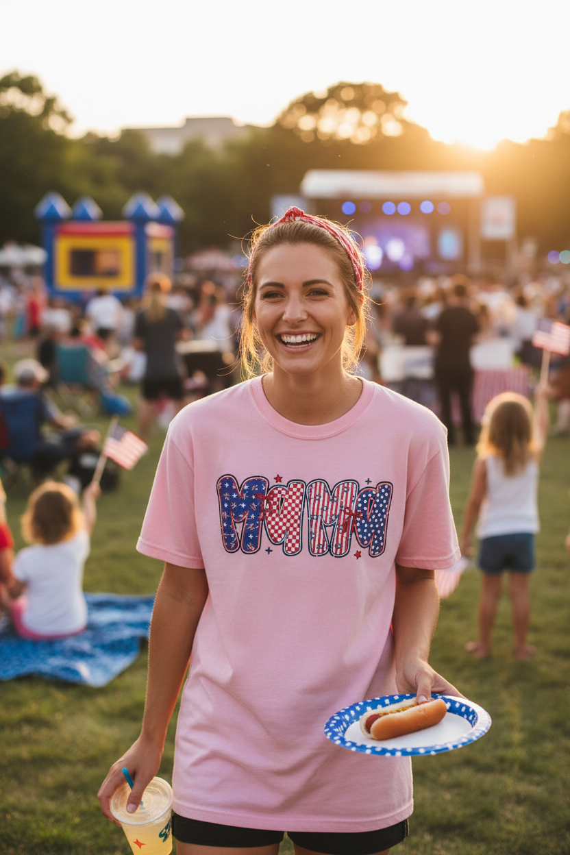 Woman wearing Patriotic MAMA T-Shirt in pink at a sunny 4th of July celebration